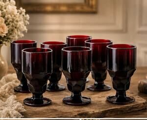 Vintage Ruby Red Glass Goblets Set of 7 Faceted Stem Water Wine Glasse
